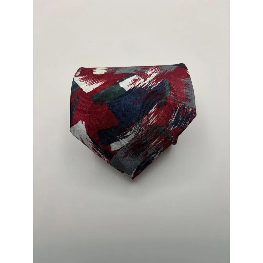 Vintage Abstract Brushstroke Silk Necktie Burgundy Navy Grey White Painterly Tie